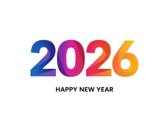 Happy new year 2026 text with colorful gradient numbers, isolated on transparent background grainy