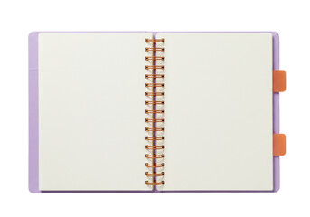 Isolated blank open spiral bound notebook with lavender cover for journaling or stationery