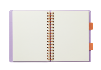 Isolated blank open spiral bound notebook with lavender cover for journaling or stationery