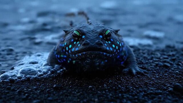 Twilight Jewel An Iridescent Mudskipper on a Black Volcanic Sand Beach
