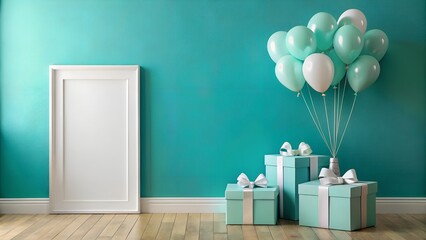 Mockup frame with gift boxes and balloons against a turquoise wall