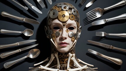 Surreal cyborg portrait with metallic gears, antique silverware and bones against a dark background, an exploration of AI and technology's impact