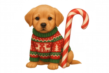 Adorable puppy wearing a festive christmas sweater with reindeer and tree designs, standing next to a large candy cane