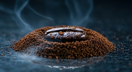 Fototapeta premium Coffee bean sits atop a mound of ground coffee on a dark surface, with rising steam creating a warm and inviting atmosphere.