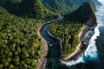 Aerial view of tropical island with river, lush green forests, and ocean waves