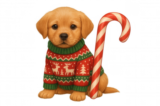 Adorable puppy wearing a festive christmas sweater with reindeer and tree designs, standing next to a large candy cane