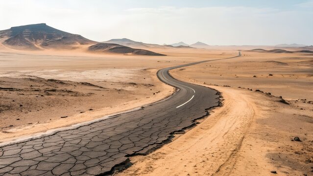 Abandoned desert road leading through barren valley, cracked asphalt blending with sand, lonely cinematic atmosphere - Powered by Adobe