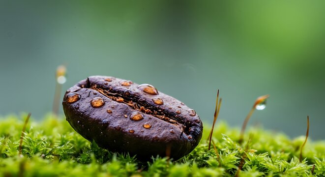 Coffee bean rests on vibrant green moss, adorned with glistening water droplets in a closeup shot highlighting freshness and natural beauty.