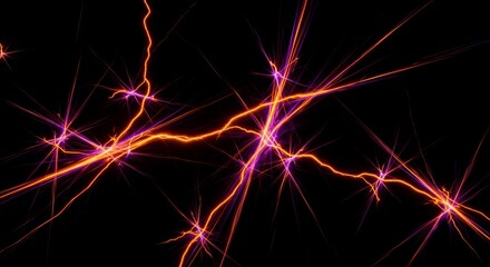 Stunning abstract energy trails glowing with vibrant orange and purple light against a stark black backdrop, perfect for modern designs