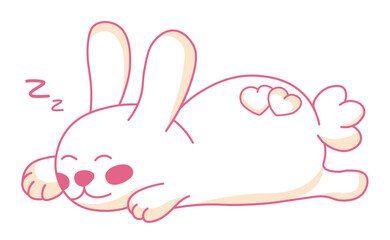 Cute sleeping bunny. Pink baby rabbit in doodle style. Vector stock illustration. Isolated on a white background.