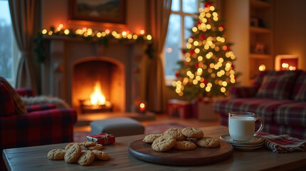 Festive Christmas Cookies with Milk by Fireplace and Decorated Tree in Cozy Living Room