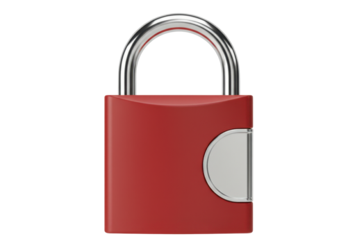 Isolated red padlock with metal shackle protects valuable belongings or private possessions