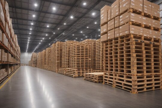Weitl&auml;ufige Lagerhalle mit Paletten auf Regalen in moderner Logistikumgebung