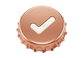 Isolated shiny rose-gold crown cork with check mark for bottle or container sealing, on clear