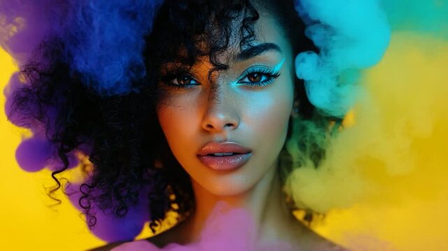 Woman with colorful smoke in her hair