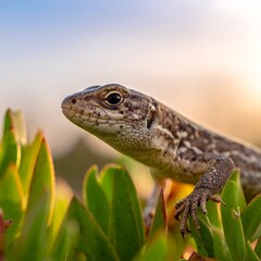 Obraz premium A close-up view of a reptile perched upon leafy green foliage, with an out-of-focus backdrop. Natural light from setting sun
