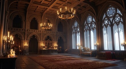 Fototapeta premium Grand Hall of Majesty: This expansive grand hall captures the essence of timeless elegance and architectural brilliance. Illuminated by chandeliers, candles, and an abundance of natural light.