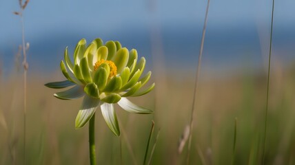 Stunning meadow flower basking in sunlight, a gentle green hue evokes feelings of nature's peace, perfect for wellness brands seeking authentic visuals