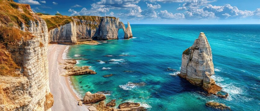 Dramatic coastal cliffs with white rock formations, turquoise water, and a beach below