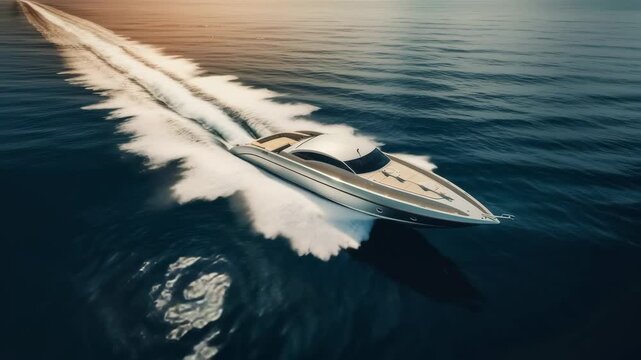 Aerial view of a sleek speedboat cutting through calm waters at sunset, creating dynamic waves. Perfect for a travel or luxury lifestyle video. Live desktop wallpaper.