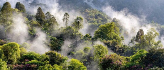 Lush green hillside landscape shrouded in misty fog with dense vegetation