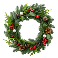 Traditional Holiday Wreath Adorned with Fir Branches, Red Berries, and Pinecones on White on transparent background