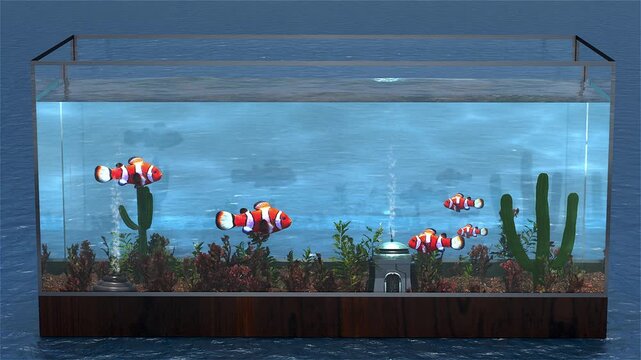 Aqu&aacute;rio fantasia para entusiastas de aqu&aacute;rios. Modelo decorativo conceitual. Dando a impress&atilde;o que peixes est&atilde;o no mar.