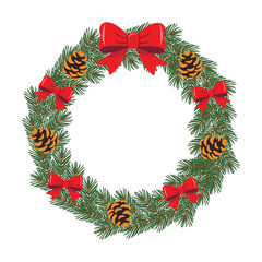 A Christmas wreath decorated with bright bows, fir cones, and pine branches.