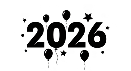 Black 2026 numbers with balloons and stars, isolated on transparent background