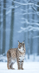 Fototapeta premium Lynx standing in snowy forest with falling snowflakes 