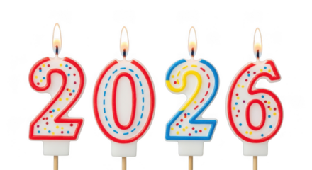 2026 number candles with flames, isolated on transparent background