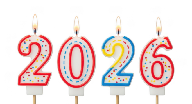 2026 number candles with flames, isolated on transparent background
