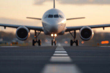 Front view of a passenger airplane approaching on a runway during golden hour.
