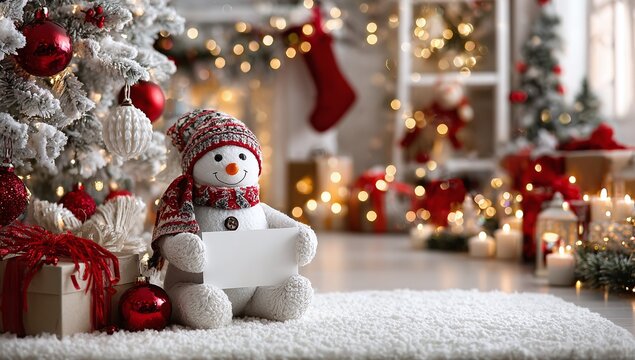 A cheerful plush snowman holding a blank message card in a cozy, luxurious living room decorated with a flocked Christmas tree, lights, and red gifts.


