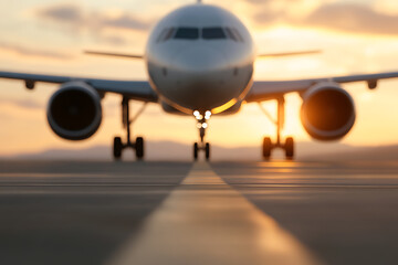 Airplane on the runway at sunset. A commercial aircraft with landing gear down. The tarmac's markings are visible during golden hour.
