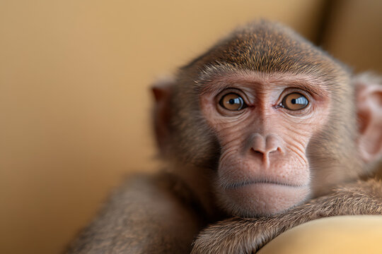 Close-up portrait of a young monkey. Its eyes reflect the light, adding depth to its gaze, resting on a surface with neutral tones. Cute and serene.