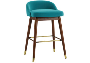Isolated Bar Stool Teal Upholstered Seat, Walnut Finish Wood Legs, Brass Foot Rest, Modern Style