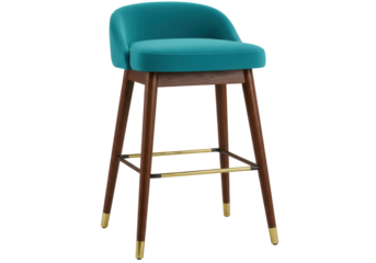 Isolated Bar Stool Teal Upholstered Seat, Walnut Finish Wood Legs, Brass Foot Rest, Modern Style