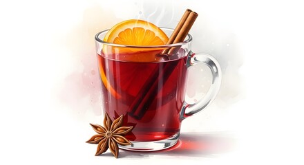 A glass mug filled with mulled wine garnished with orange slices and cinnamon sticks on white background