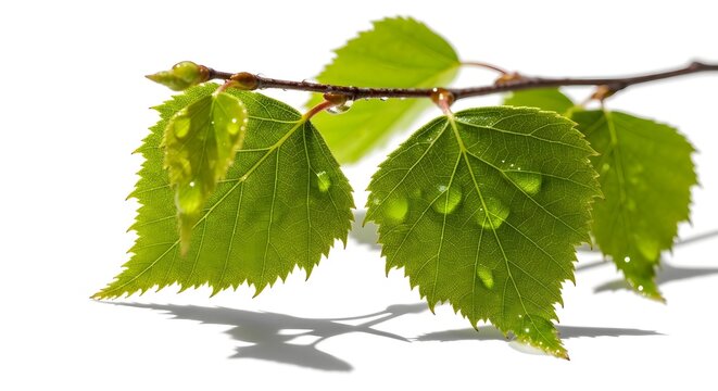 Close up shot of a birch branch with fresh green leaves and water droplets on a white background