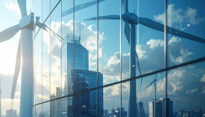 Modern Cityscape Embracing Renewable Energy: A dynamic cityscape is showcased, featuring soaring skyscrapers and colossal wind turbines against a bright sky.
