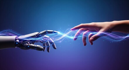 Human and robot hands touching, symbolizing connection, artificial intelligence, and futuristic technology against a blue gradient background.