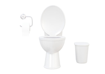 White toilet bowl close lid with tissue and trash bin on isolated background. flush bathroom house or public washroom clean interior design home room concept. 3d render illustration design