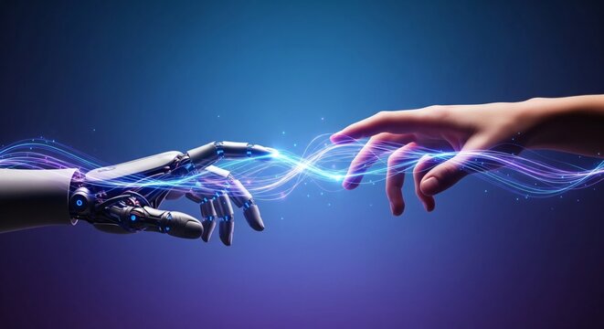 Human and robot hands touching, symbolizing connection, artificial intelligence, and futuristic technology against a blue gradient background.