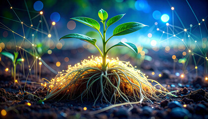 Emerging Growth: A young sprout, bursts forth from the soil, symbolizing growth and the interconnectedness of all things, with a backdrop of a network.