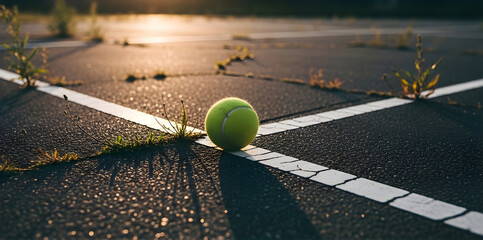 A tennis ball rests on a cracked asphalt court with white lines and weeds growing through the surface cracks