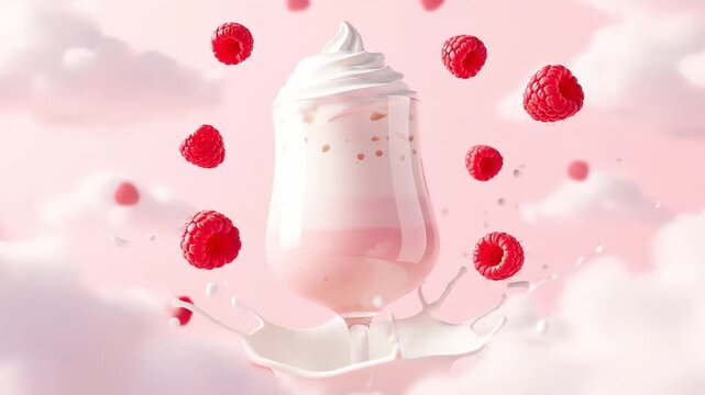  Delicious pink raspberry milkshake or smoothie with a swirl of whipped cream floating in the air, surrounded by fresh raspberries and milk splash against a pastel pink and cloudy background