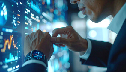 Data Analysis: A focused professional meticulously analyzes complex data displayed on multiple digital screens, immersed in a high-tech environment of information.