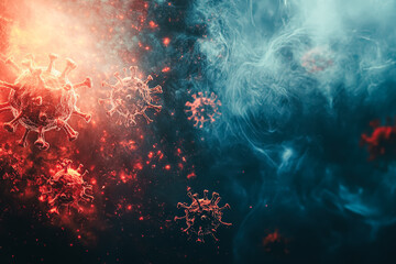 Digital illustration showcases viruses floating in a dark, smoky atmosphere, highlighting the theme of disease season and viral outbreaks