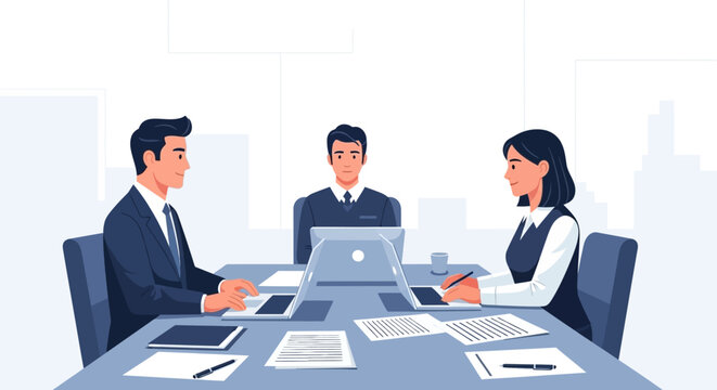 Professional business team collaborating and discussing strategy in a modern office meeting. Corporate employees working together on a project, fostering teamwork and productivity